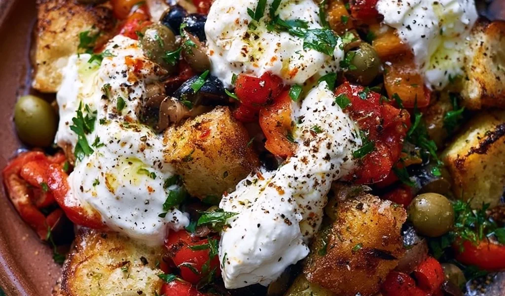 Panzanella di Peperoni con Burrata e Olive, piatto estivo gustoso