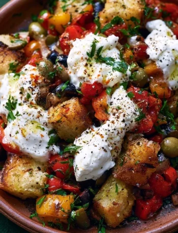 Panzanella di Peperoni con Burrata e Olive, piatto estivo gustoso
