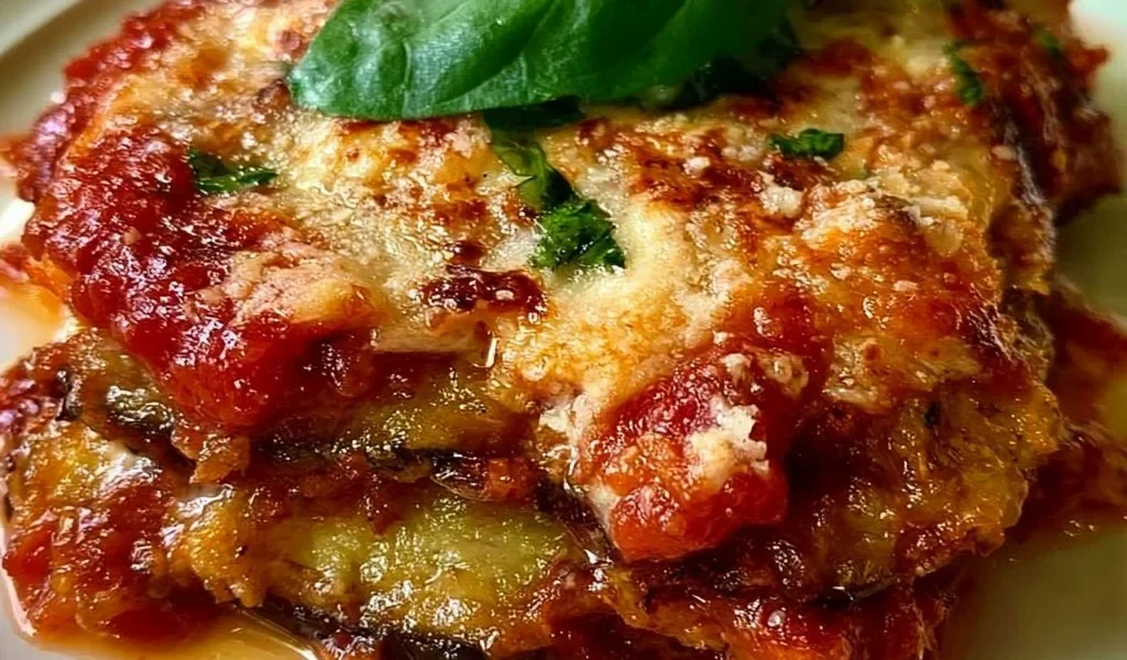 Piatto di parmigiana di melanzane con strati di melanzane, salsa di pomodoro e mozzarella.