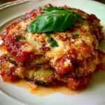 Piatto di parmigiana di melanzane con strati di melanzane, salsa di pomodoro e mozzarella.