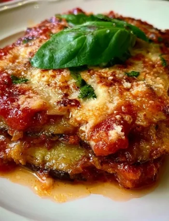 Piatto di parmigiana di melanzane con strati di melanzane, salsa di pomodoro e mozzarella.