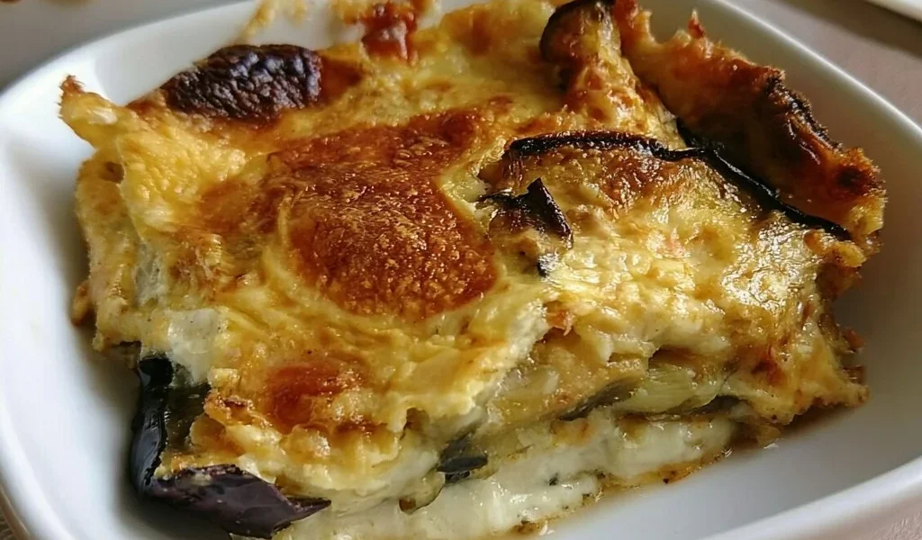 Parmigiana di melanzane in bianco con provola servita su un piatto