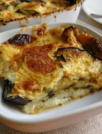 Parmigiana di melanzane in bianco con provola servita su un piatto