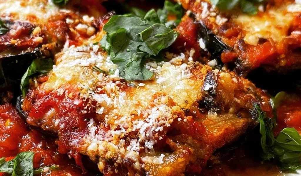 Parmigiana di Melanzane Non Fritte con ingredienti freschi e salsa di pomodoro