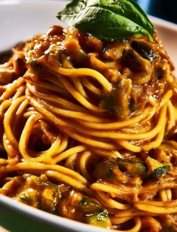 Pasta alla Nerano servita con zucchine fresche e formaggio per un piatto delizioso