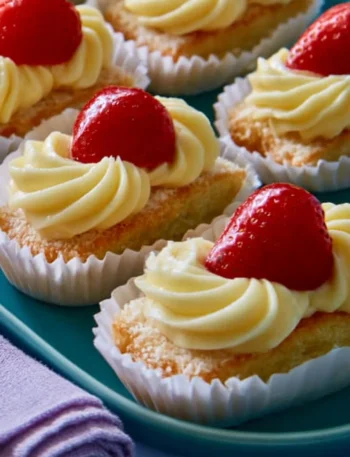 Pasticcini di Savoiardi con crema e fragole decorati