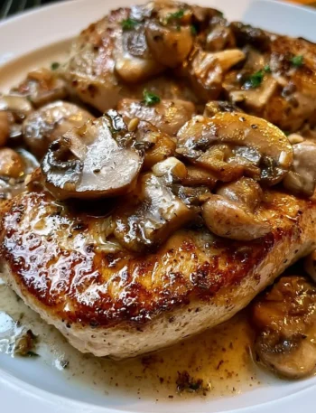 Petto di pollo allo spicchio d'aglio e burro con funghi su un piatto