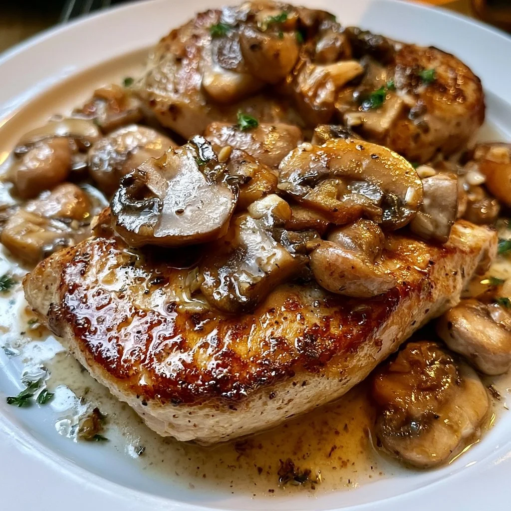 Petto di pollo allo spicchio d'aglio e burro con funghi su un piatto