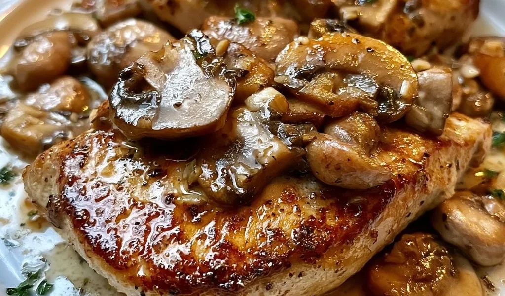 Petto di pollo allo spicchio d'aglio e burro con funghi in un piatto appetitoso.