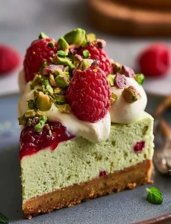 Deliziosa cheesecake al pistacchio decorata con granella di pistacchio