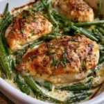 Pollo al forno con fagiolini e crema di Parmigiano servito su un piatto elegante.