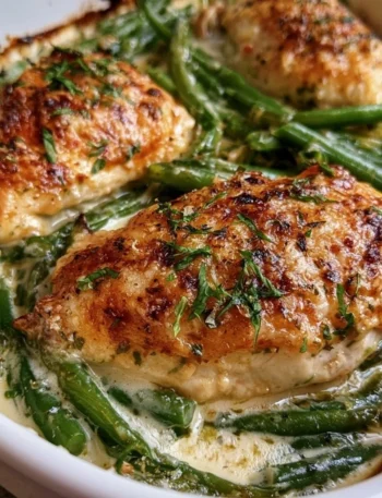 Pollo al forno con fagiolini e crema di Parmigiano servito su un piatto elegante.