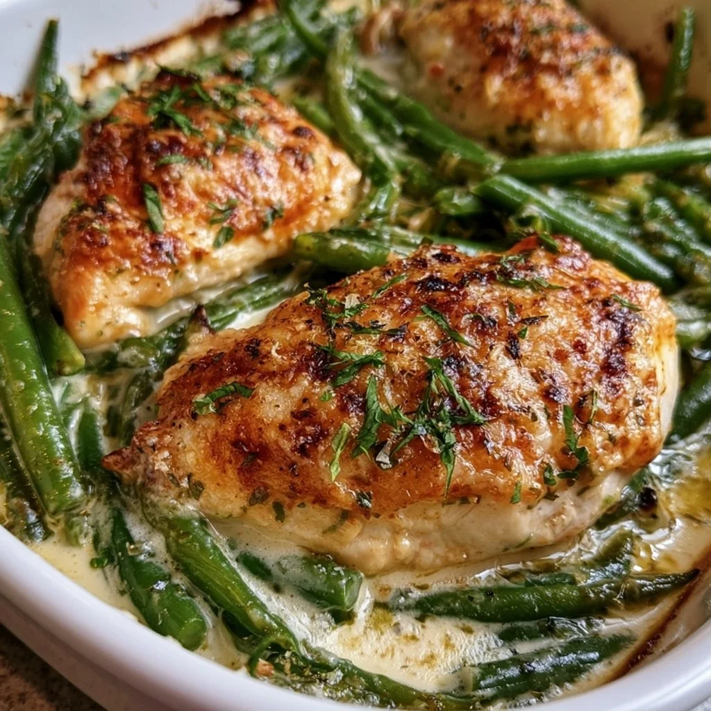 Pollo al forno con fagiolini e crema di Parmigiano servito su un piatto elegante.