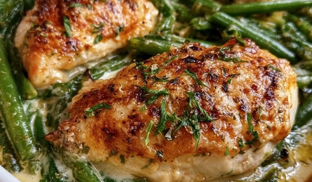 Pollo al forno con fagiolini e crema di Parmigiano servito nel piatto