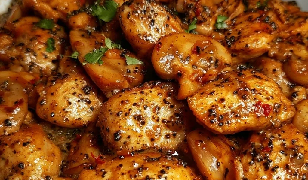 Pollo al Pepe Nero con Funghi servito in un piatto rustico