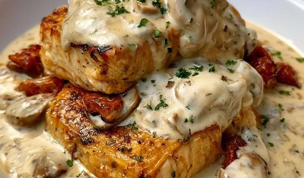 Pollo Cremoso Gloria servito in un piatto elegante, ricco di sapori e cremosità.