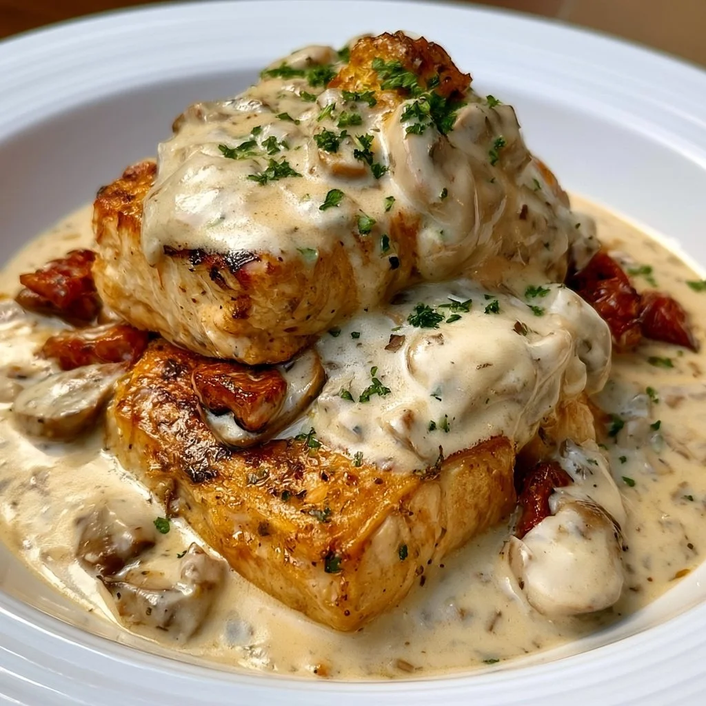 Piatto di Pollo Cremoso Gloria con salsa ricca e appetitosa.