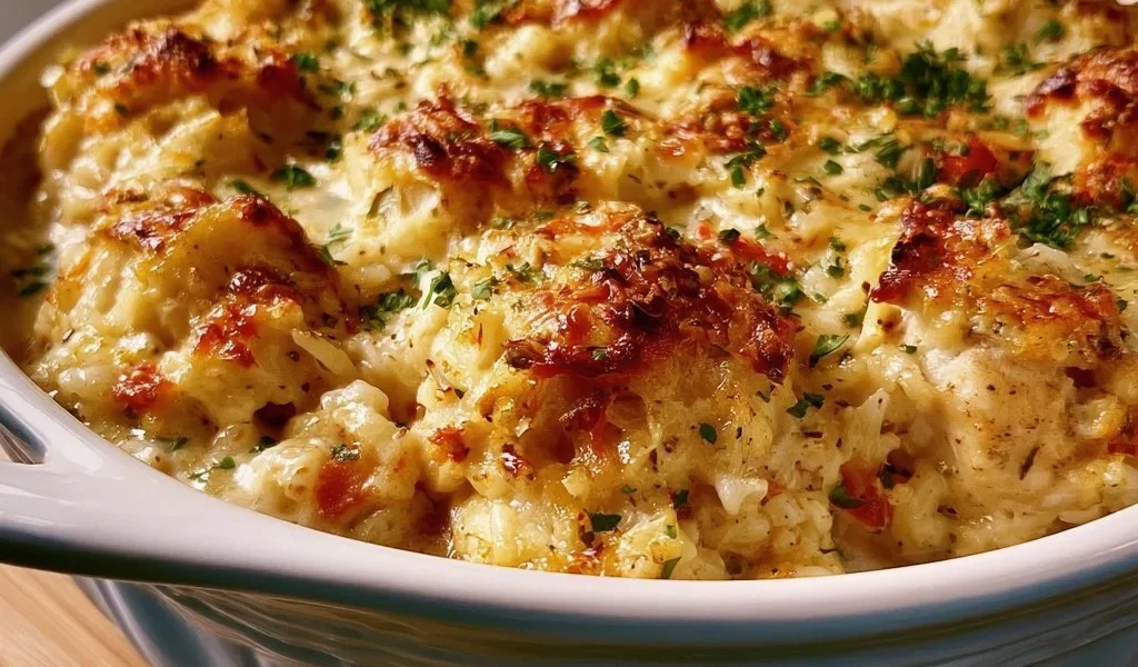 Piatto di pollo e riso al forno dimenticati, una ricetta tradizionale italiana
