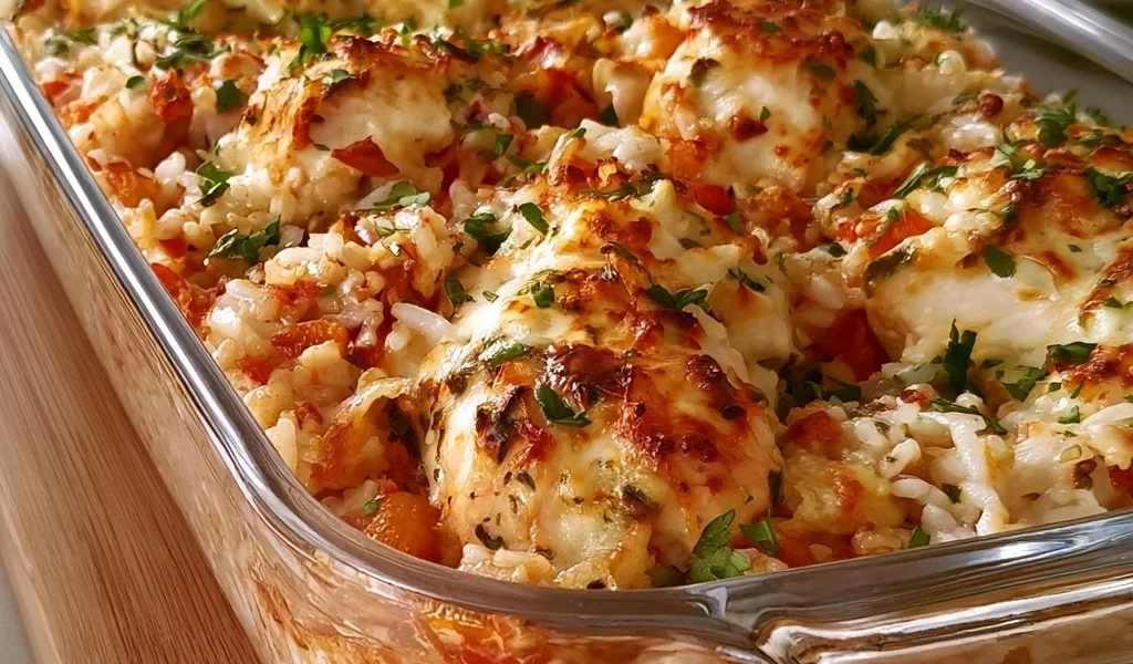 Piatto di Pollo e Riso al Forno Dimenticati, ricetta deliziosa e facile da fare.