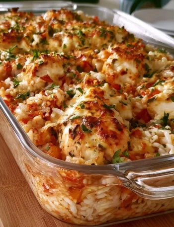 Piatto di Pollo e Riso al Forno Dimenticati, ricetta deliziosa e facile da fare.