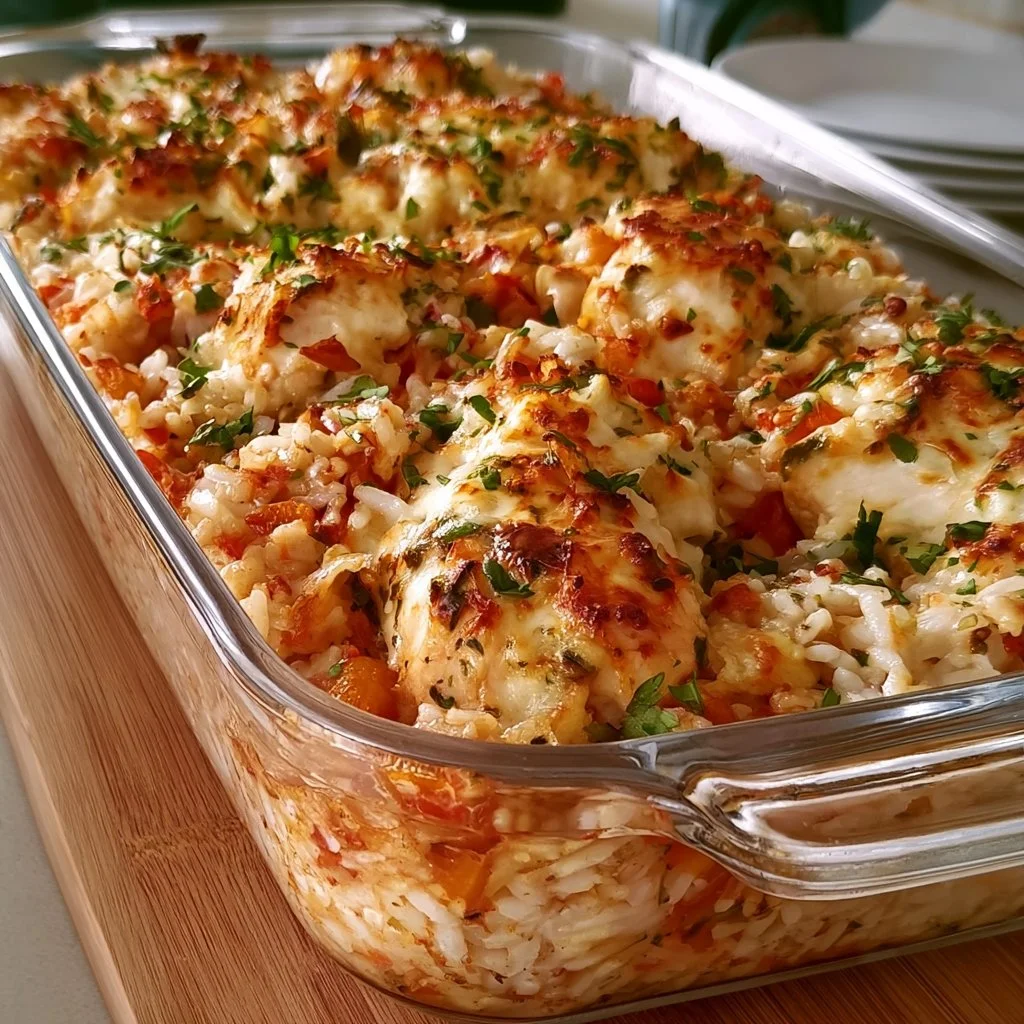 Piatto di Pollo e Riso al Forno Dimenticati, ricetta deliziosa e facile da fare.