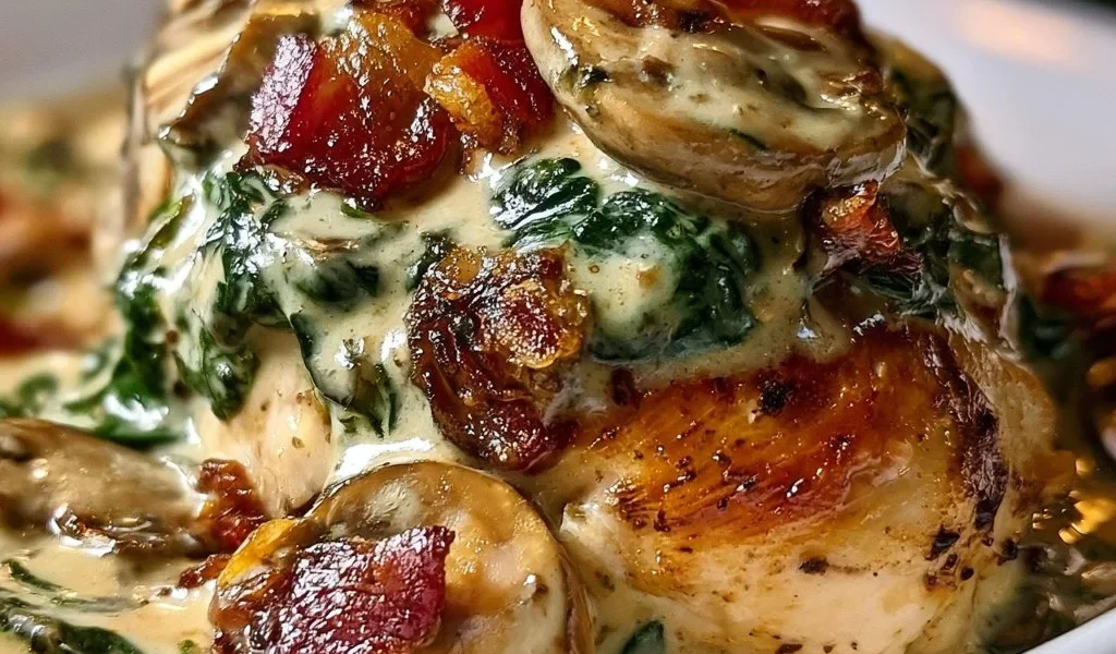 Pollo Ricoperto con Spinaci Cremosi, Bacon e Funghi su un piatto elegante