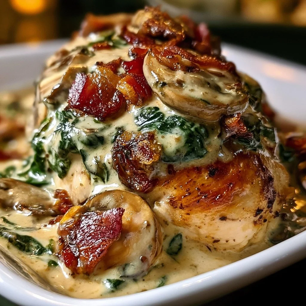 Pollo Ricoperto con Spinaci Cremosi, Bacon e Funghi su un piatto elegante