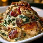 Pollo Ricoperto con Spinaci Cremosi, Bacon e Funghi pronto per essere servito.