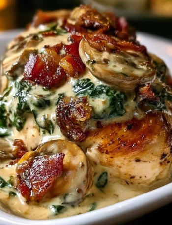 Pollo Ricoperto con Spinaci Cremosi, Bacon e Funghi pronto per essere servito.