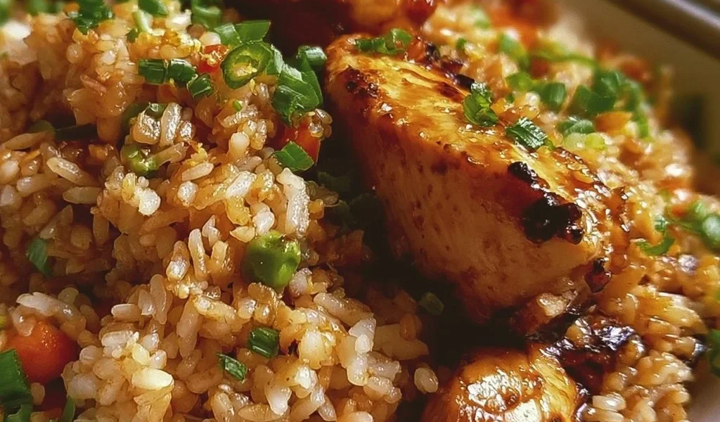 Pollo Teriyaki con riso fritto servito in un piatto decorativo