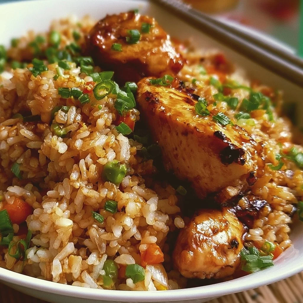 Pollo Teriyaki con riso fritto servito in un piatto decorativo