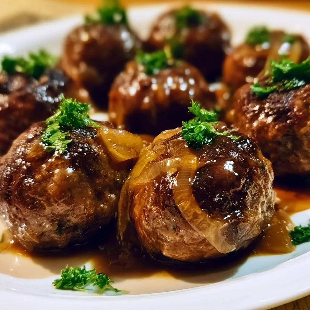 Polpette di Manzo con Salsa di Cipolla servite in un piatto