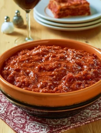 Piatto di ragù alla Bolognese servito con pasta fresca