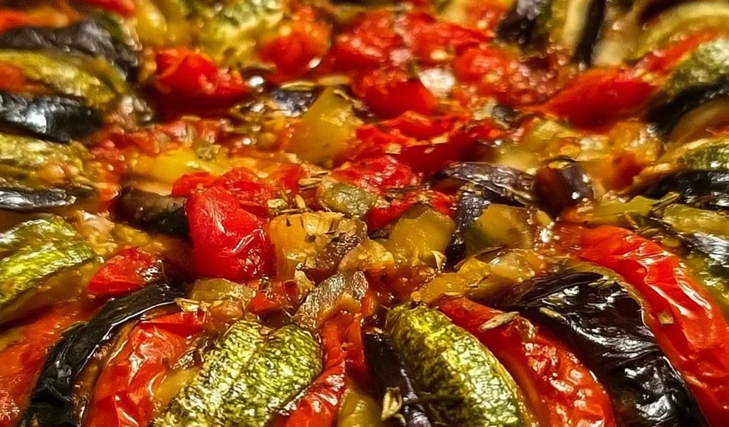 Piatto di ratatouille francese con verdure fresche e colori vivaci.