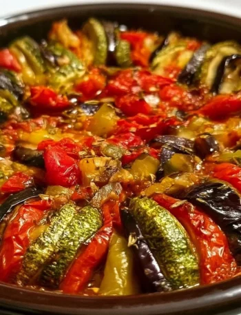 Piatto di ratatouille francese con verdure fresche e colori vivaci.