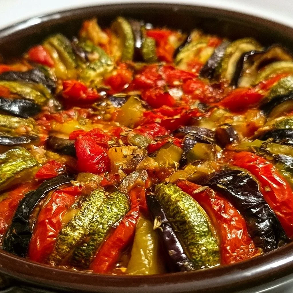 Piatto di ratatouille francese con verdure fresche e colori vivaci.