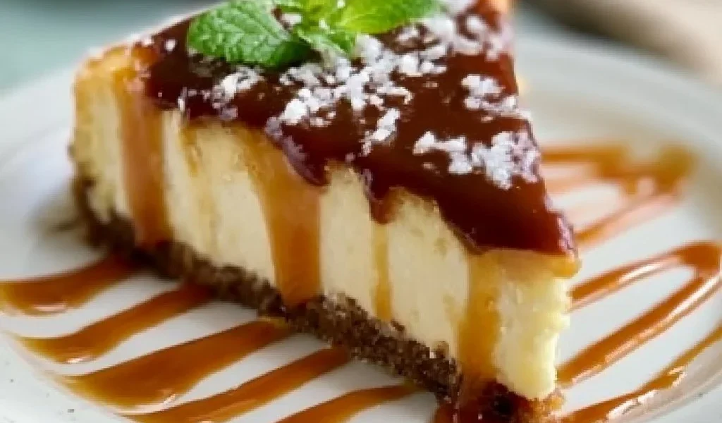 Fetta di cheesecake al caramello salato su piatto elegante