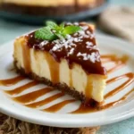 Fetta di cheesecake al caramello salato su piatto elegante