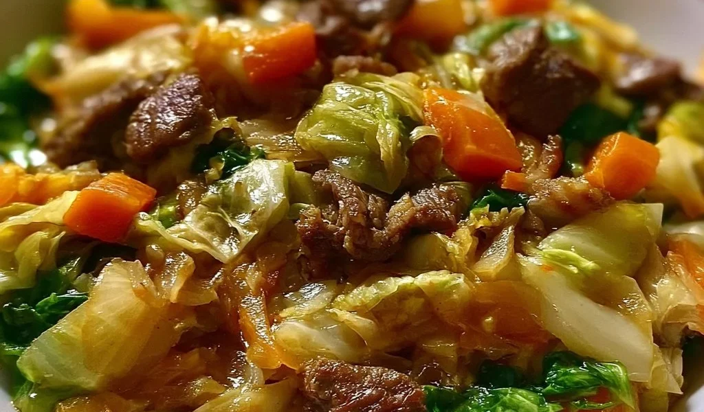 Manzo all'Aglio con cavolo tenero, piatto casalingo delizioso e tradizionale.
