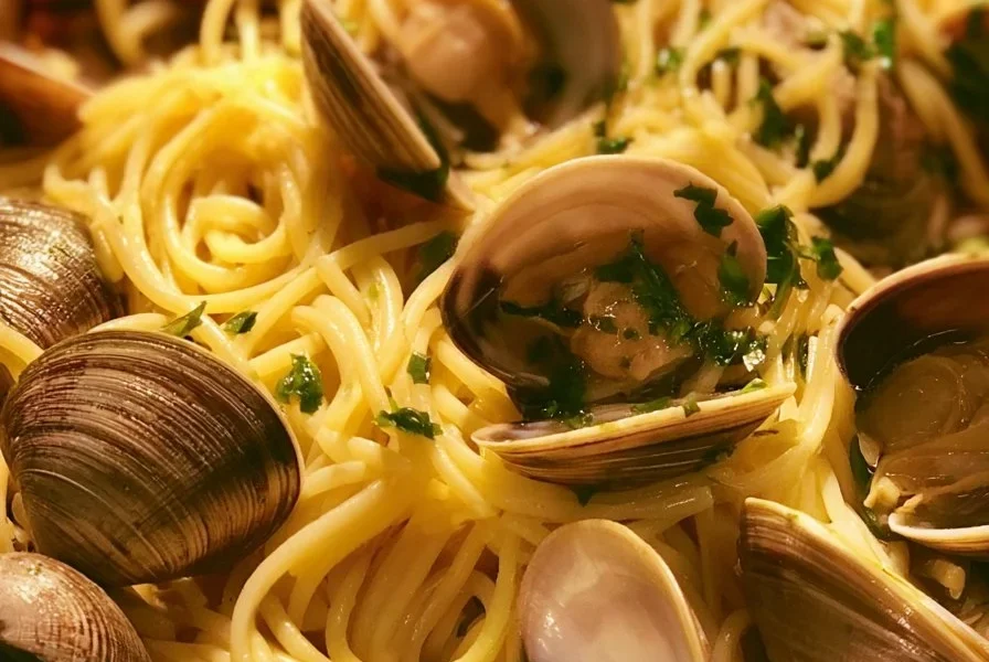 Piatto di spaghetti alle vongole con vongole fresche e prezzemolo