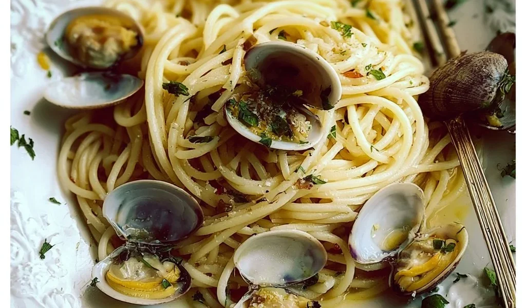 Piatto di spaghetti alle vongole servito con prezzemolo fresco.