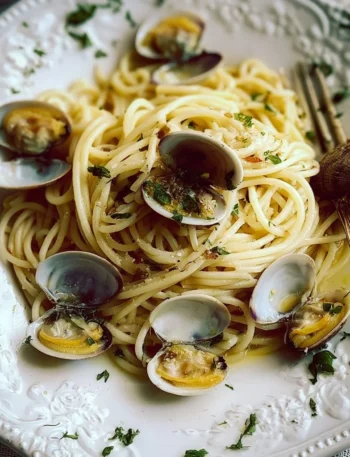 Piatto di spaghetti alle vongole servito con prezzemolo fresco.