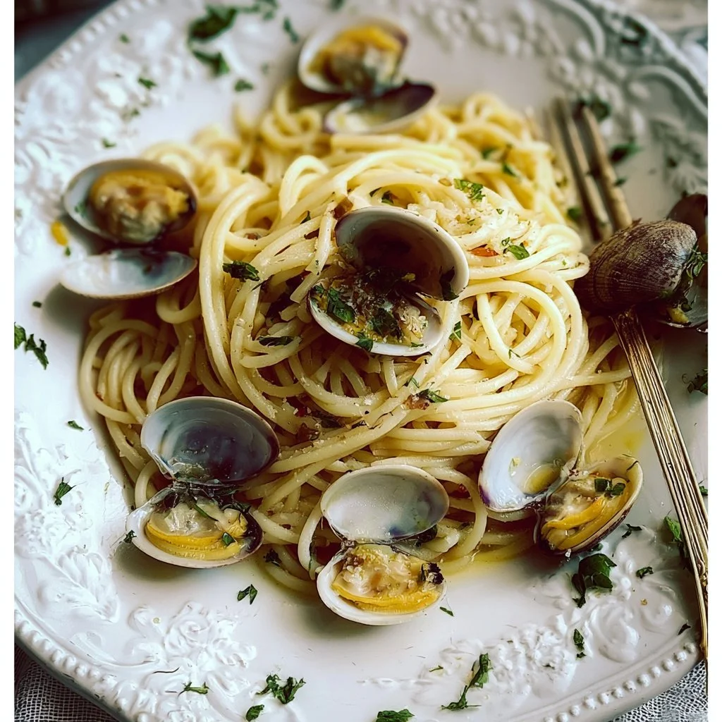 Piatto di spaghetti alle vongole servito con prezzemolo fresco.