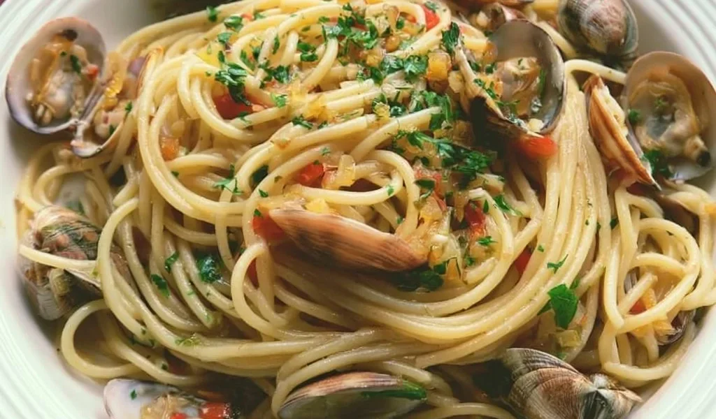 Piatto di spaghetti alle vongole serviti con prezzemolo fresco