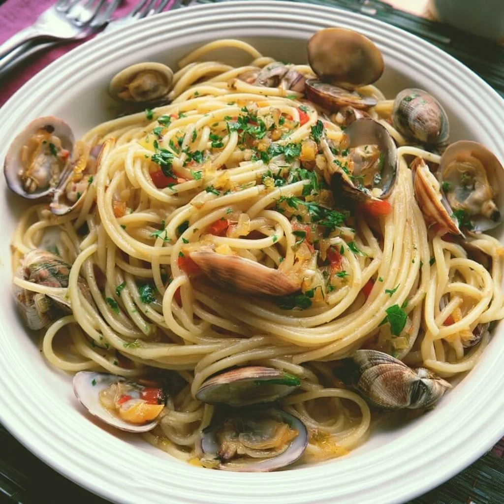 Piatto di spaghetti alle vongole serviti con prezzemolo fresco