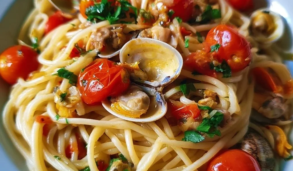 Spaghetti alle vongole con pomodorini freschi, un piatto italiano tradizionale.