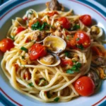 Spaghetti alle vongole con pomodorini freschi, un piatto italiano tradizionale.
