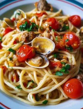 Spaghetti alle vongole con pomodorini freschi, un piatto italiano tradizionale.