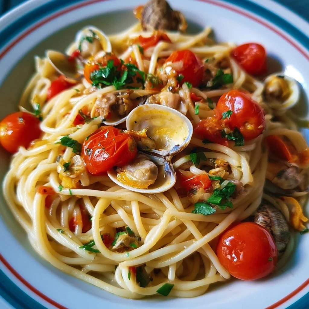 Spaghetti alle vongole con pomodorini freschi, un piatto italiano tradizionale.