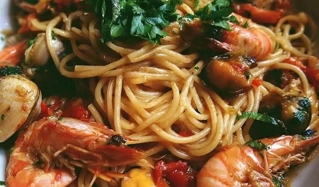 Spaghetti allo scoglio con frutti di mare freschi e pomodorini